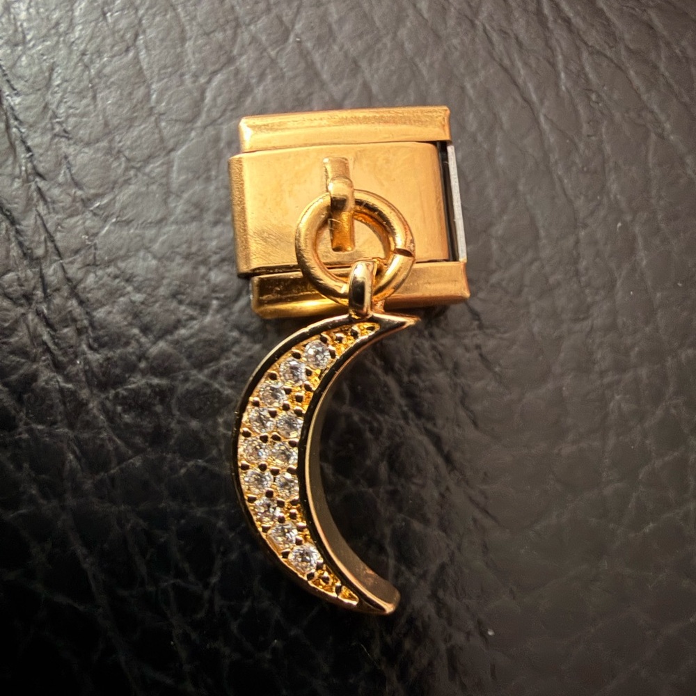 Gold-Tone Crescent Moon Italian Charm with Crystals